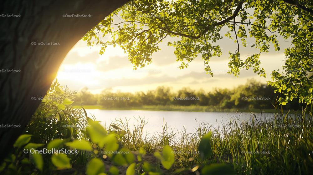 Sunlit Lakeside with Lush Green Foliage and Serene Atmosphere