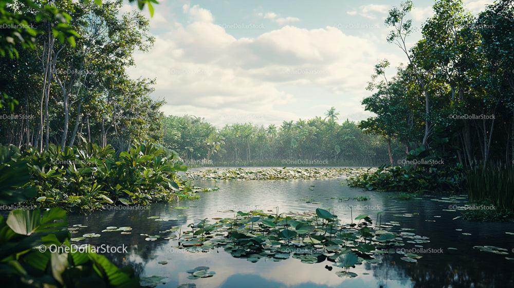 Serene Tropical Lake Surrounded by Lush Greenery