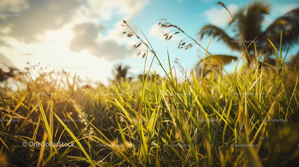 Sunlit Tropical Grass with Palm Trees in Background