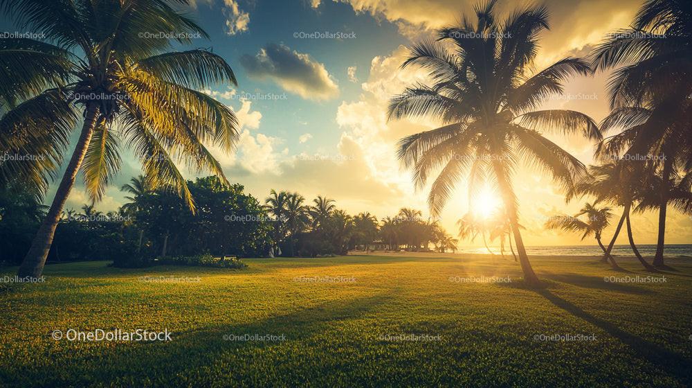 Tropical Palm Trees at Sunset Overlooking the Ocean