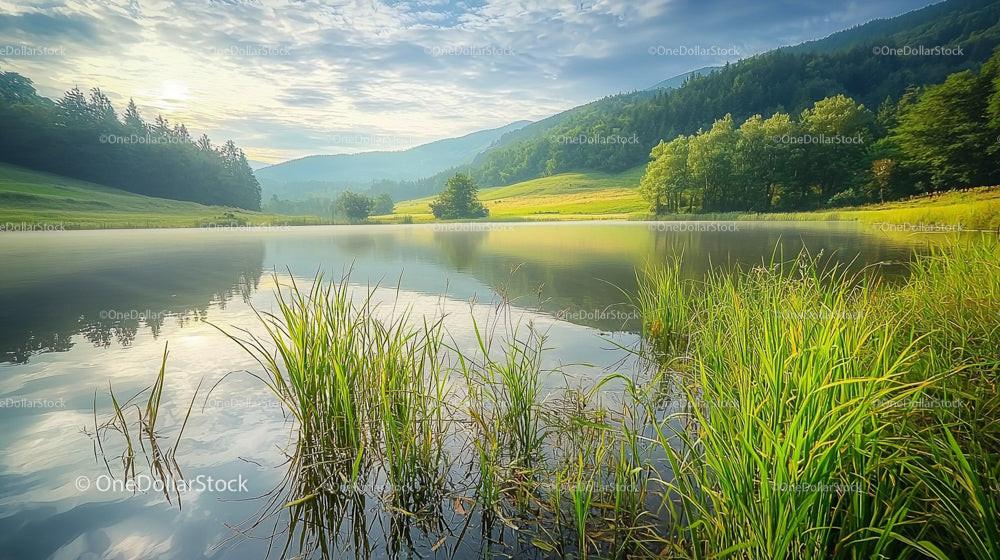 Peaceful Lake with Lush Greenery at Sunrise