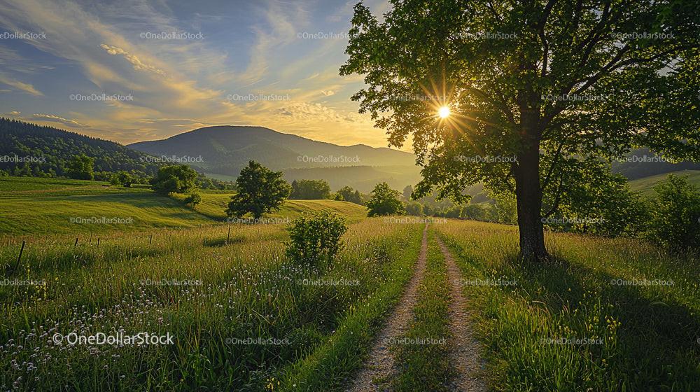 Scenic Countryside Path at Sunset with Lush Greenery
