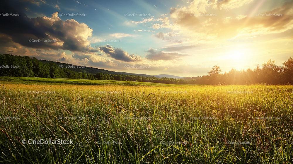 Golden Sunset over Tranquil Rural Meadow Landscape