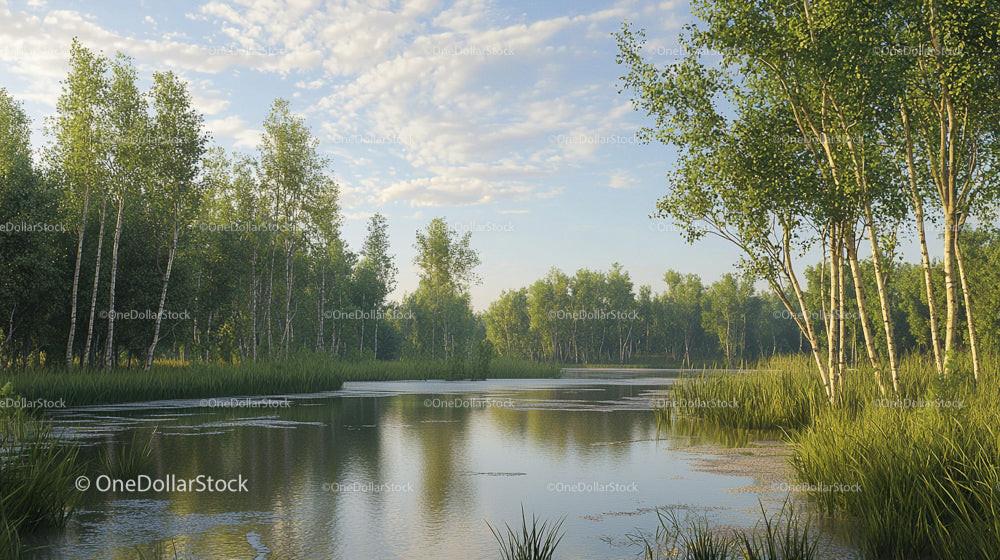 Tranquil Lake with Birch Trees in Summer Landscape