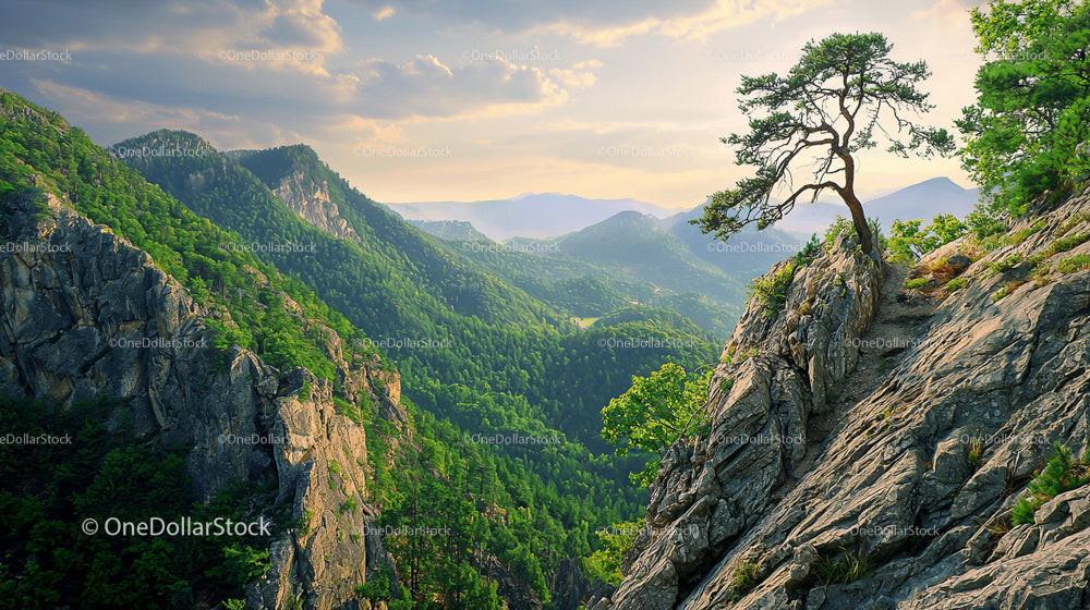 Majestic Pine Tree on a Cliff Overlooking Vast Green Mountains