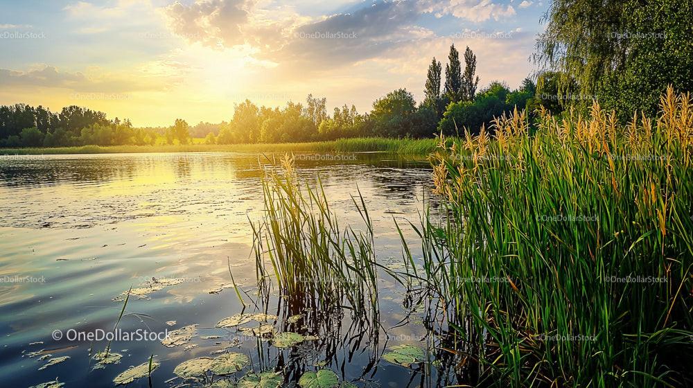 Tranquil Lake at Sunset with Reeds and Reflections