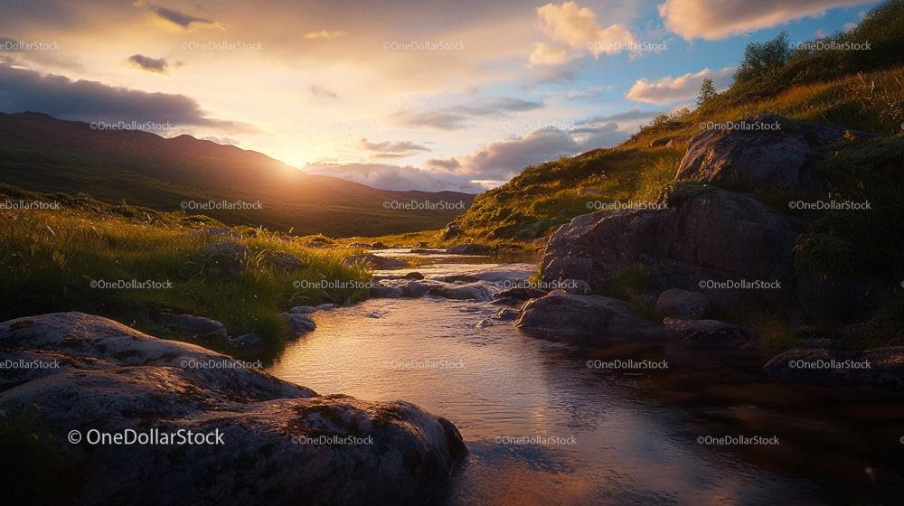 Golden Sunset Over a Serene Mountain Stream