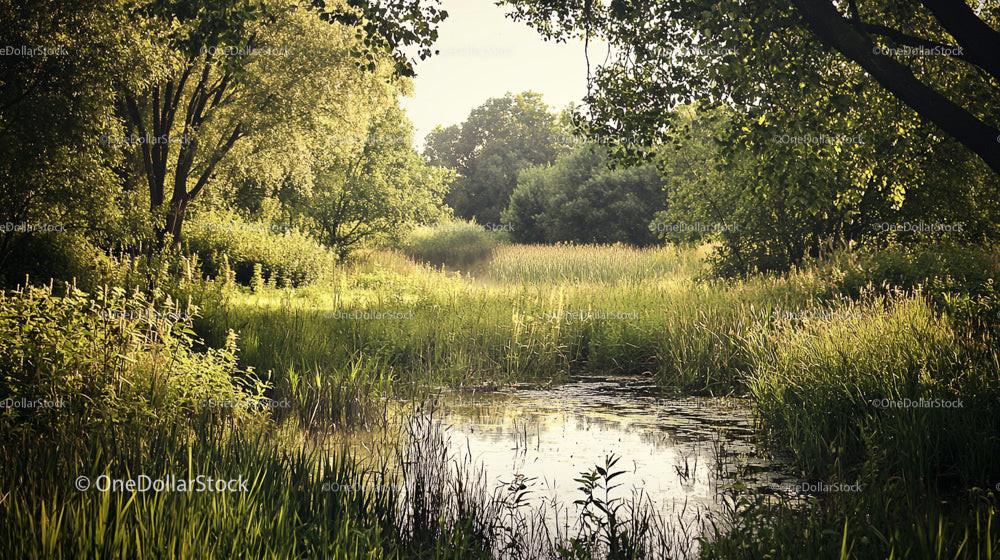 Peaceful Pond Surrounded by Lush Greenery in Summer Forest