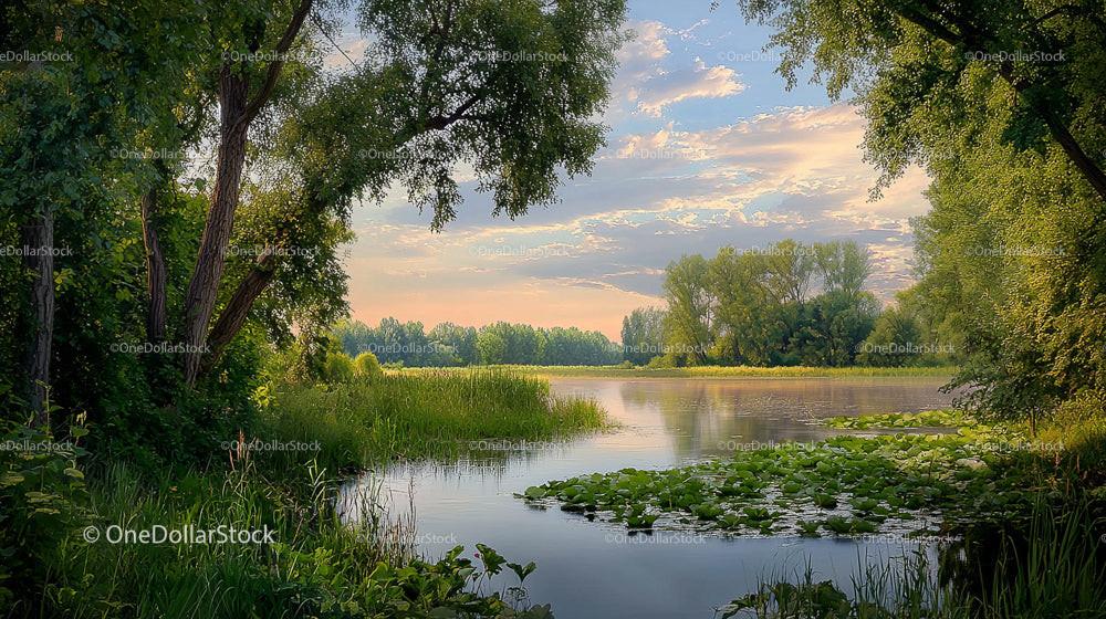Tranquil Lake Scene with Lush Greenery and Blue Sky