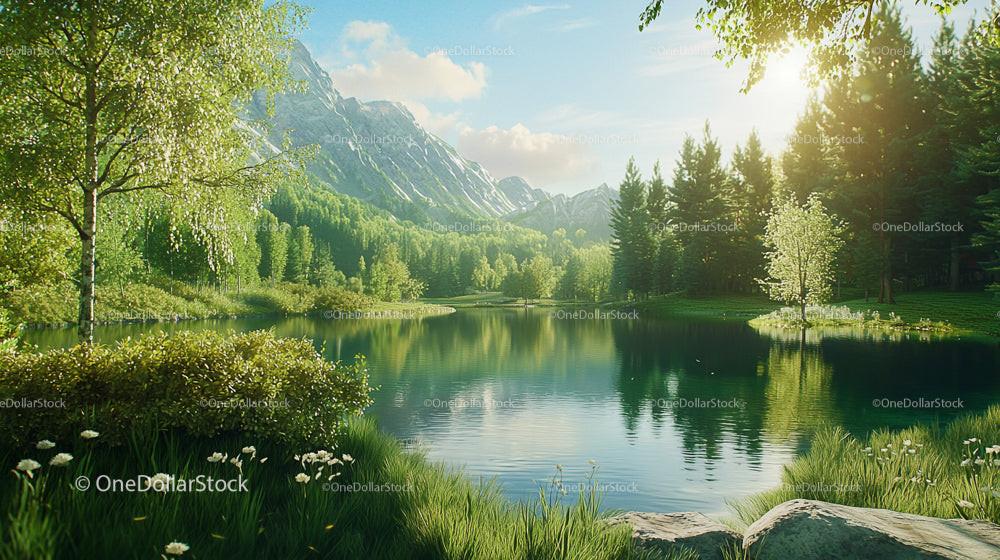 Tranquil Mountain Lake with Lush Greenery