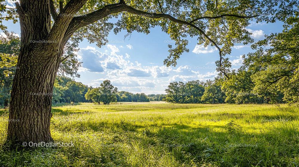 Sunlit Green Meadow with Sprawling Oak Tree