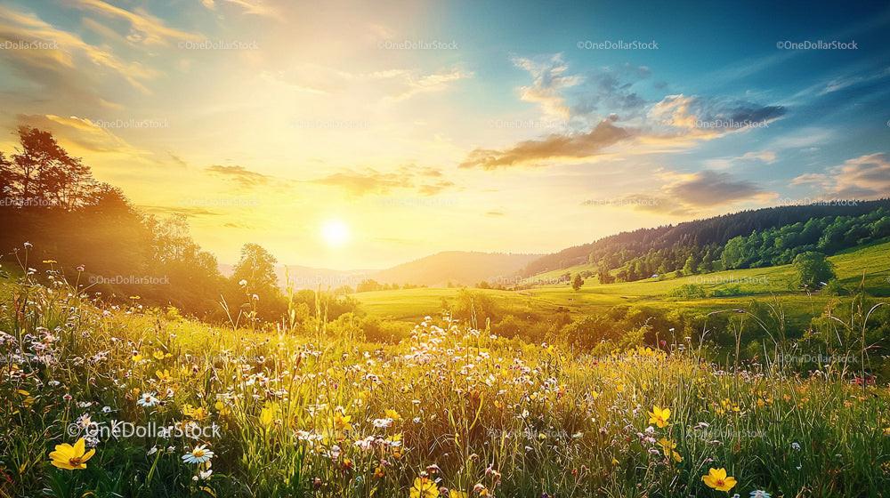 Golden Hour Over Serene Flowering Meadow and Rolling Hills