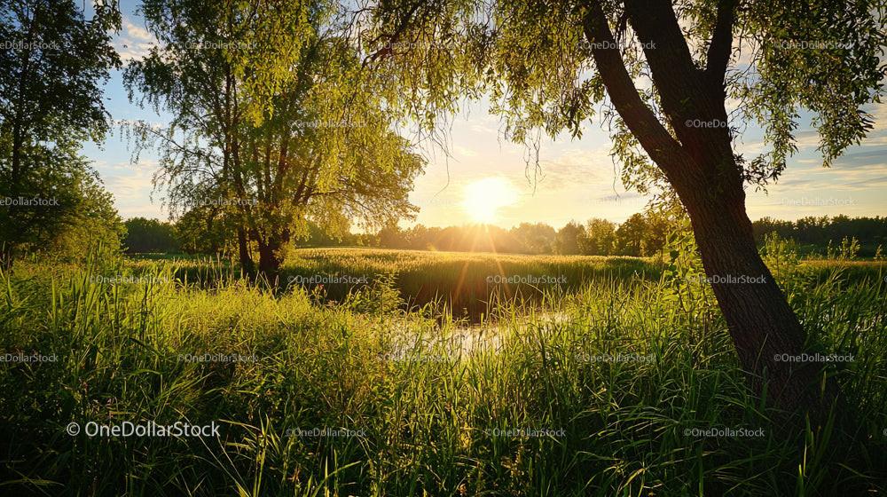 Golden Sunset Over Lush Green Meadow
