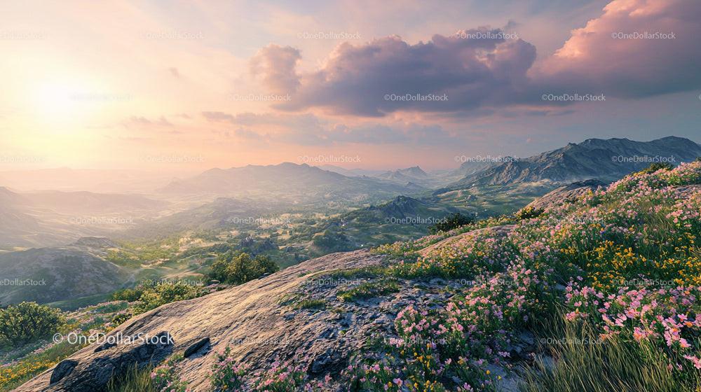 Panoramic Mountain View with Blooming Wildflowers at Sunset