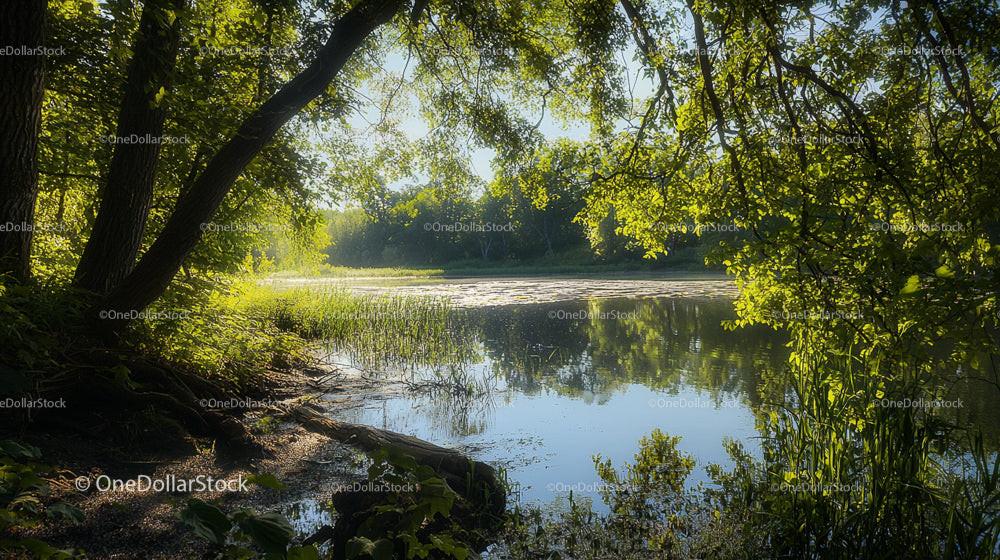 Tranquil Lake Surrounded by Verdant Trees on a Sunny Day