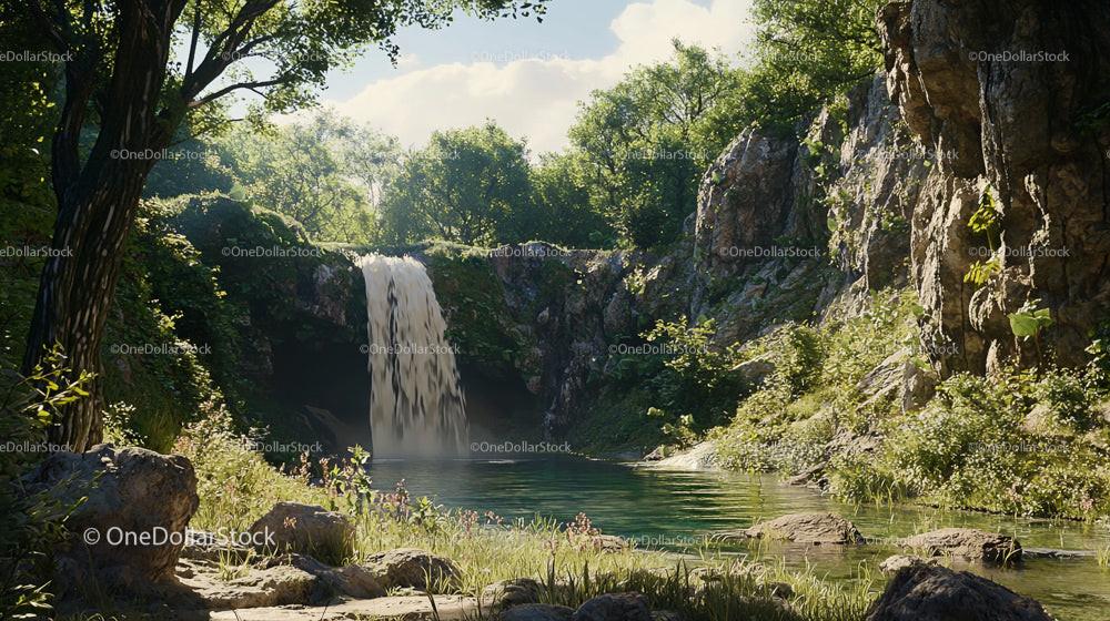 Idyllic Waterfall in a Sunlit Lush Forest Setting