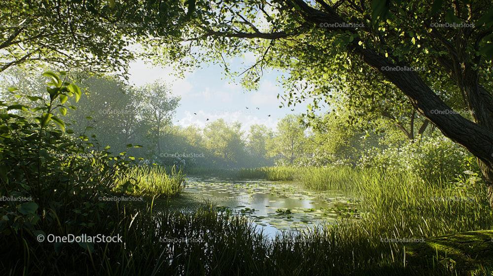 Tranquil Pond Surrounded by Lush Summer Foliage