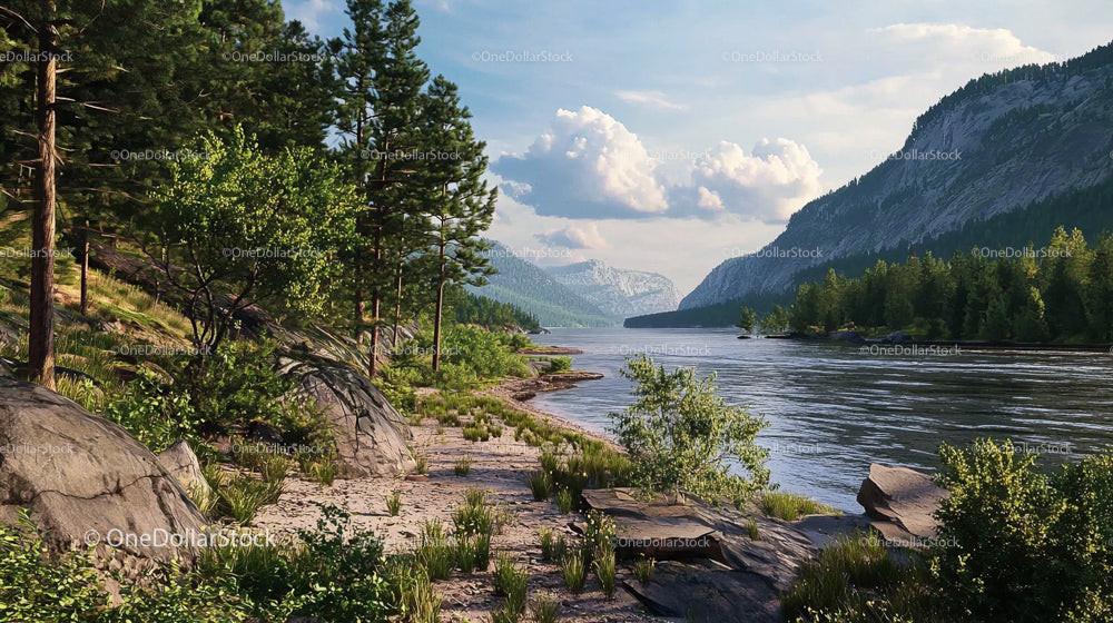 Scenic River Landscape with Pine Forest and Mountains