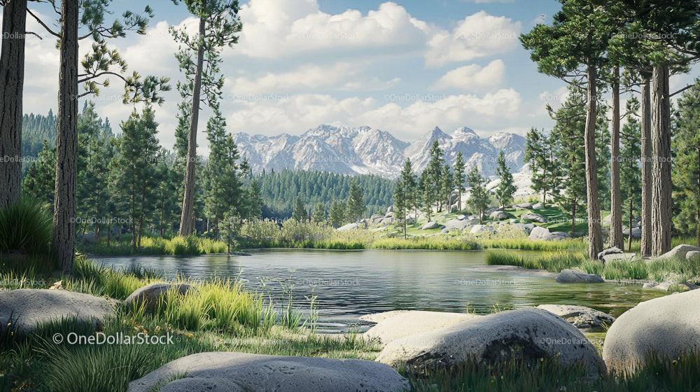 Serene Lake and Pine Forest with Majestic Mountain View