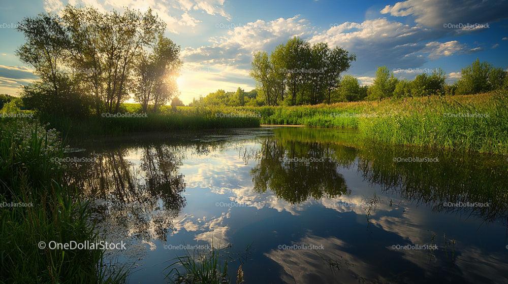 Tranquil Pond at Sunset with Lush Greenery Reflections