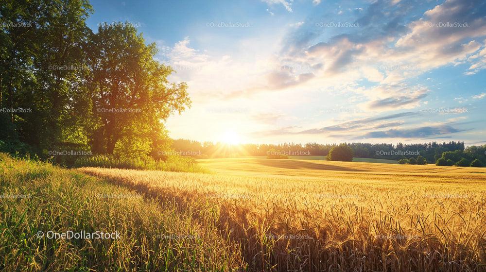 Golden Wheat Field at Sunset with Lush Greenery