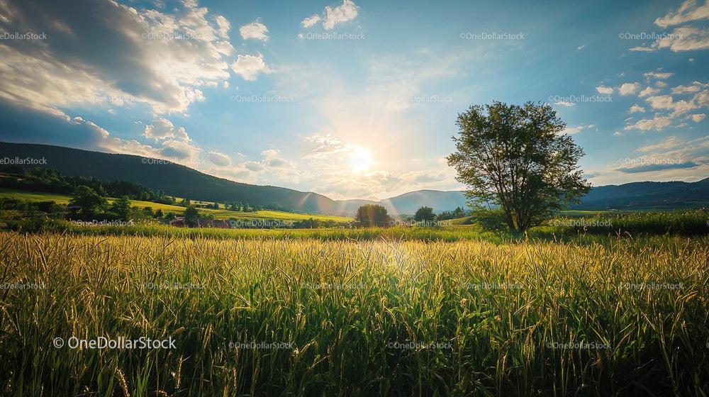 Golden Wheat Field at Sunset with Tree Silhouette