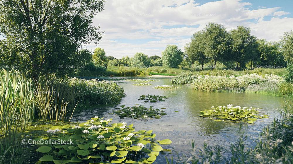 Serene Pond with Blooming Water Lilies and Lush Greenery