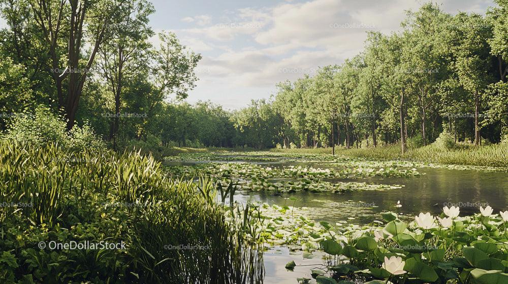 Tranquil Forest Pond with Water Lilies and Lush Greenery