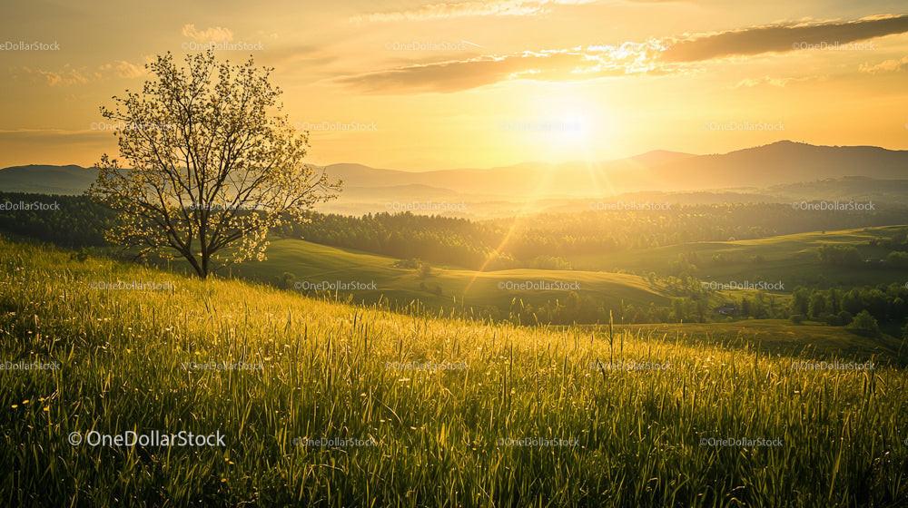 Golden Sunset Over Rolling Hills and Peaceful Countryside
