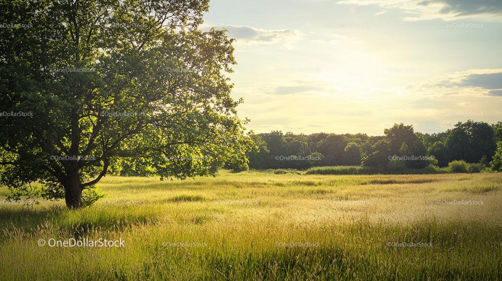 Sunlit Meadow with Lone Tree at Tranquil Sunset