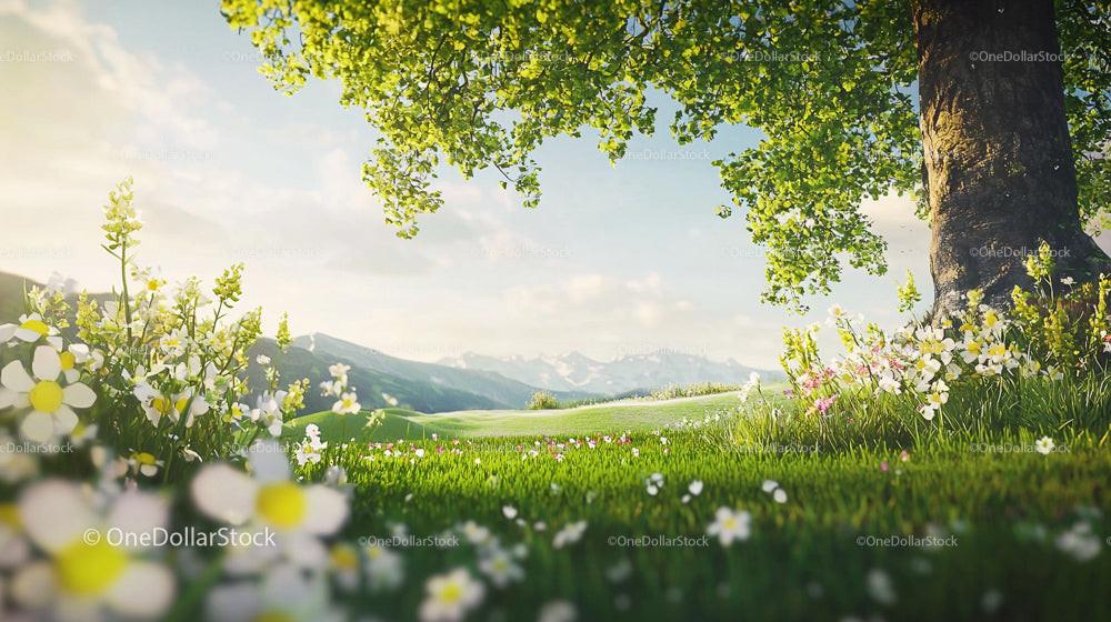 Scenic Meadow With Blooming Flowers and Majestic Tree