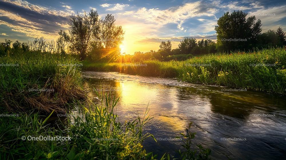 Golden Sunset Over Serene Riverside Landscape