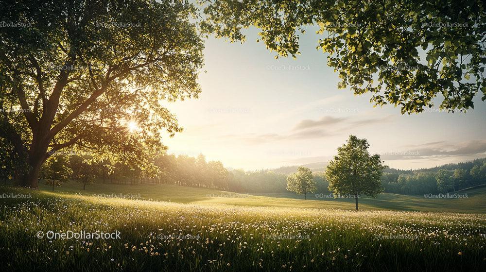 Sunrise Over a Tranquil Green Meadow with Lush Trees