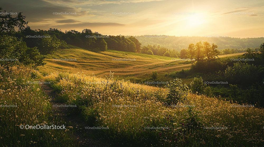 Golden Sunset Over Rolling Hills and Lush Meadows
