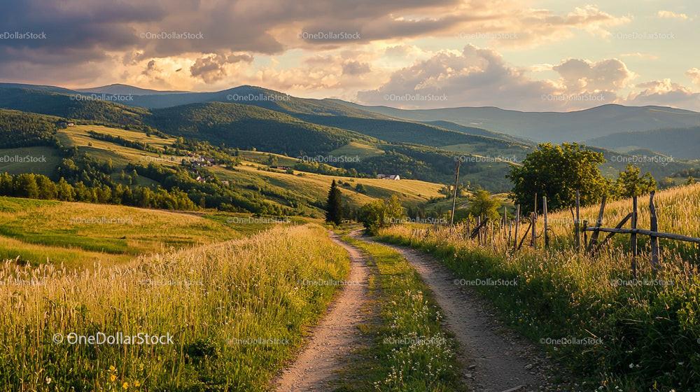 Scenic Countryside Path Winding Through Rolling Hills at Sunset