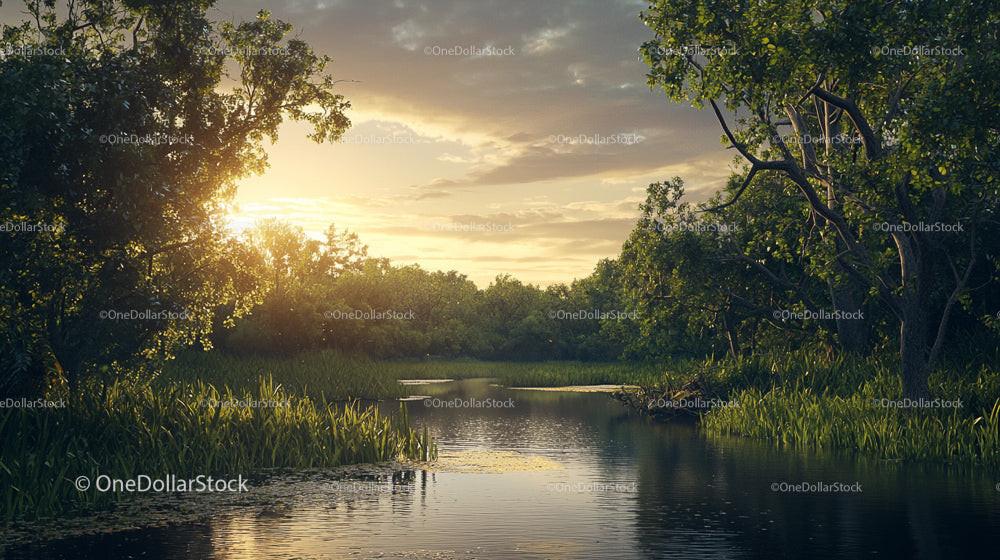 Tranquil River at Sunset Surrounded by Lush Greenery