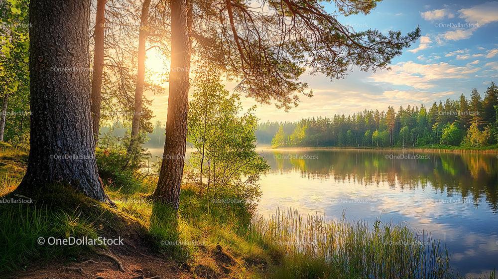 Serene Sunrise Over Tranquil Forest Lake