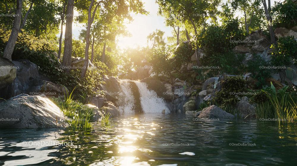 Sunlit Waterfall in a Lush Forest Setting