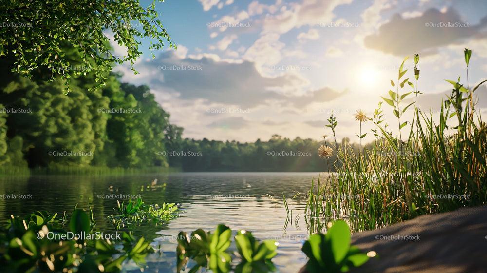 Serene Lakeside at Sunset with Lush Greenery