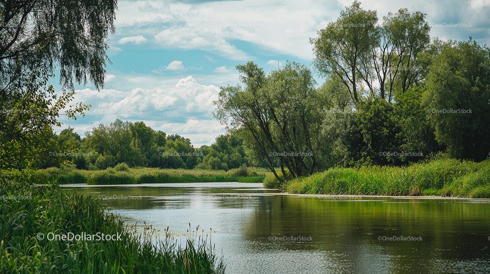 Tranquil River with Lush Greenery and Willow Trees