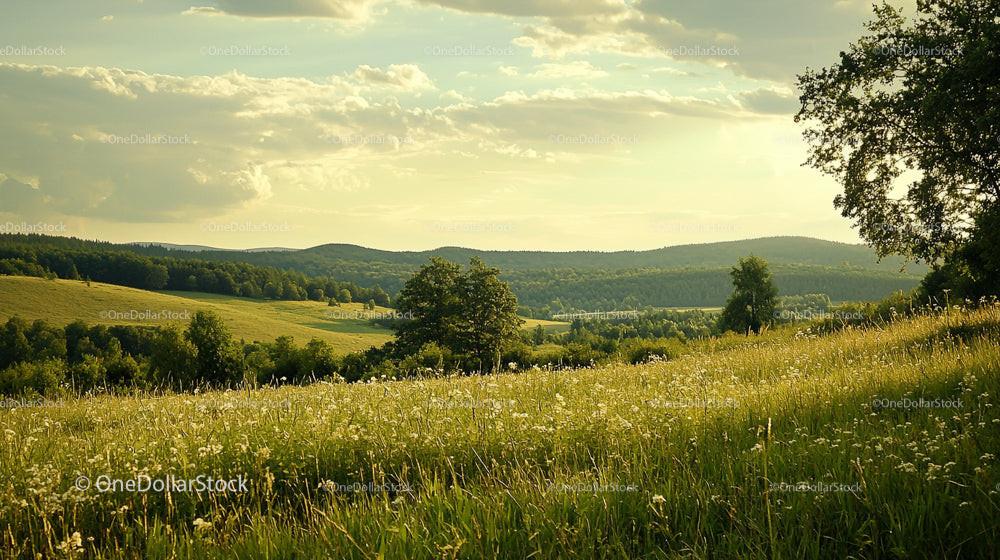 Tranquil Summer Meadow with Rolling Hills and Lush Greenery