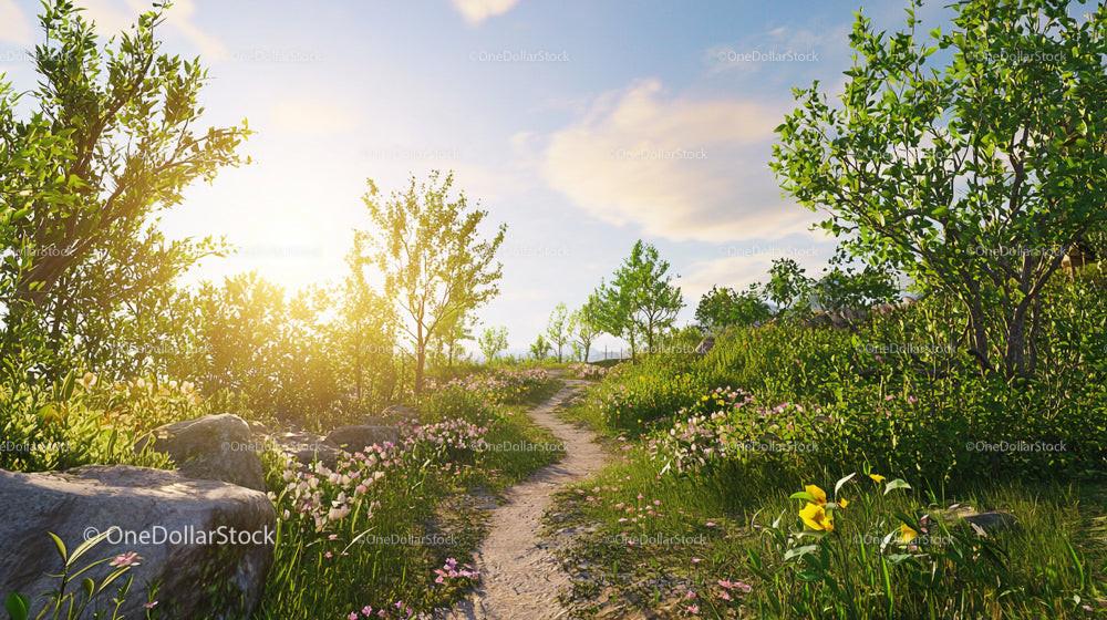 Sunlit Path Through Flowering Meadow Under Blue Sky
