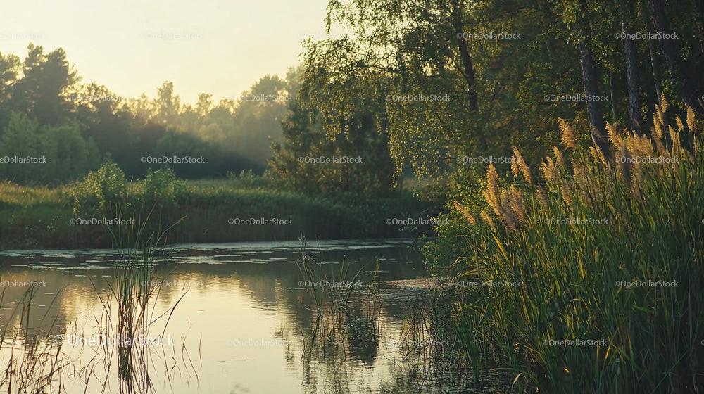 Tranquil Pond Surrounded by Lush Greenery at Golden Hour