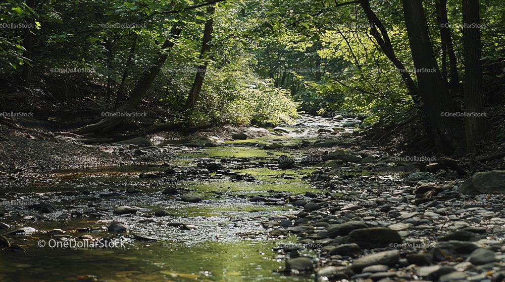 Sunlit Forest Stream with Stones and Lush Foliage