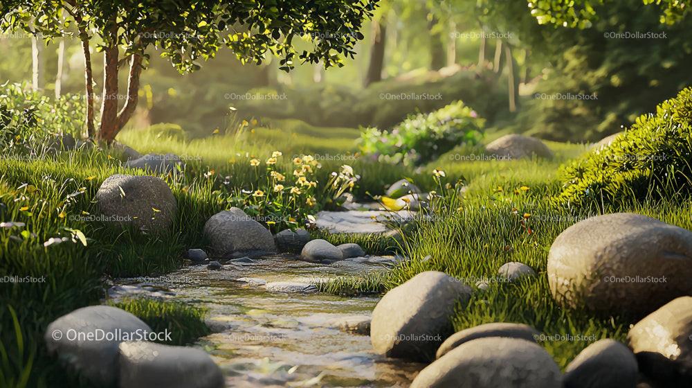 Tranquil Stream Flowing Through Lush Green Forest Scene