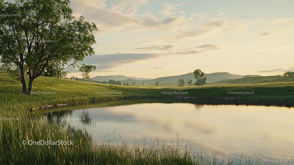 Serene Landscape with Reflective Pond and Lush Greenery