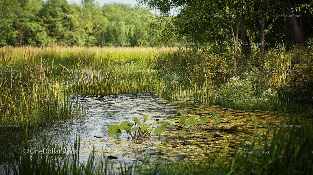 Serene Pond Surrounded by Lush Greenery on a Sunny Day