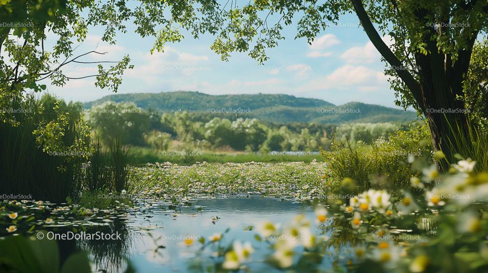 Serene Pond with Water Lilies Under Clear Blue Sky