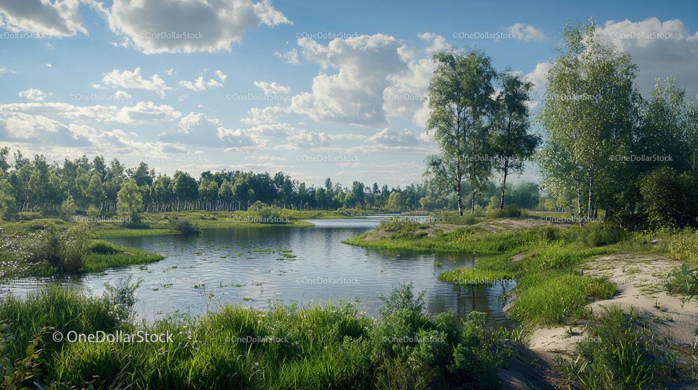 Scenic Lake with Lush Greenery on a Sunny Summer Day