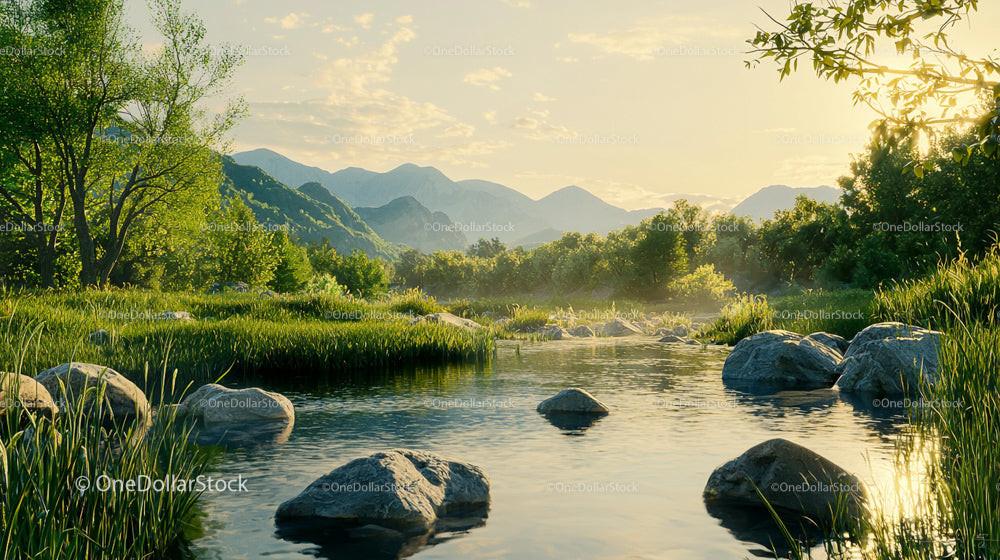 Serene River at Sunrise with Lush Green Landscape